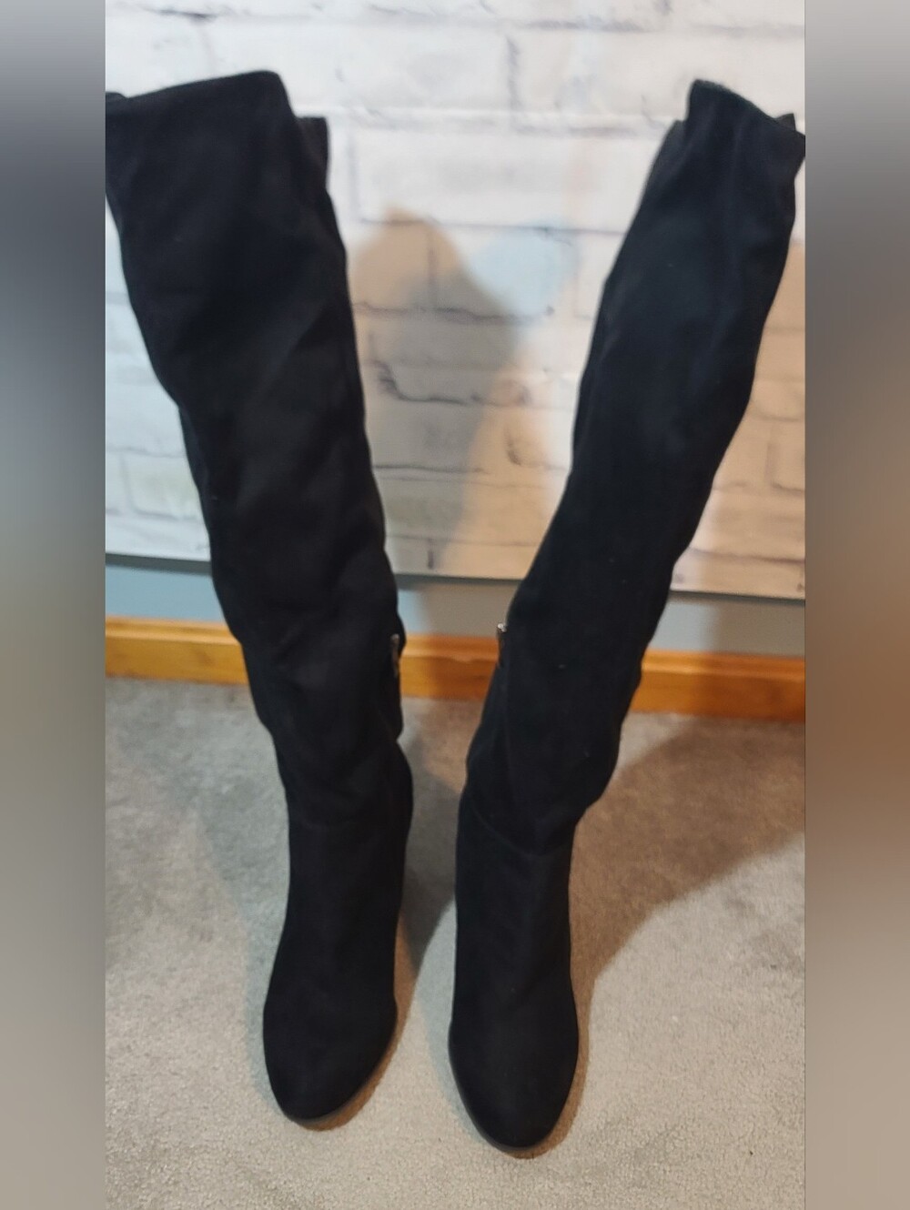 Black Faux Suede Knee High Zip Boots Round Toe EU 43 US 12